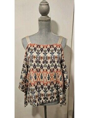 SW3 Bespoke UK Small Silk Open Shoulder Multi Color Print Blouse Top Shirt